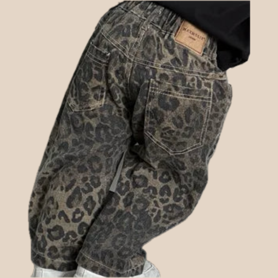 WildDot Girls Leopard Print Jeans, Black Cotton Denim Pants 1–10 Years