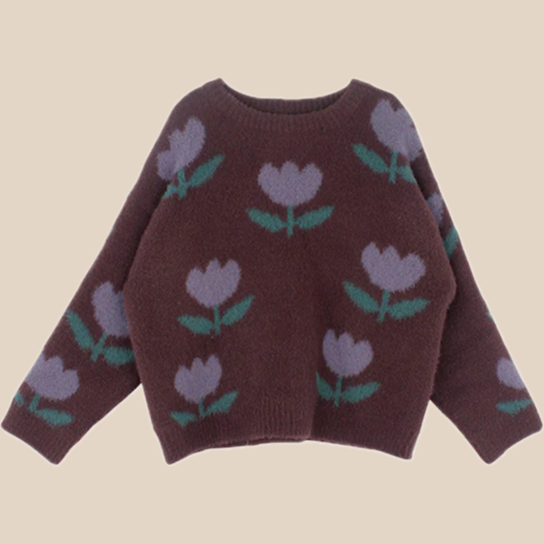 TulipSoft Girls Printed Sweater, Brown Cotton Pullover for Kids 0–8 Years