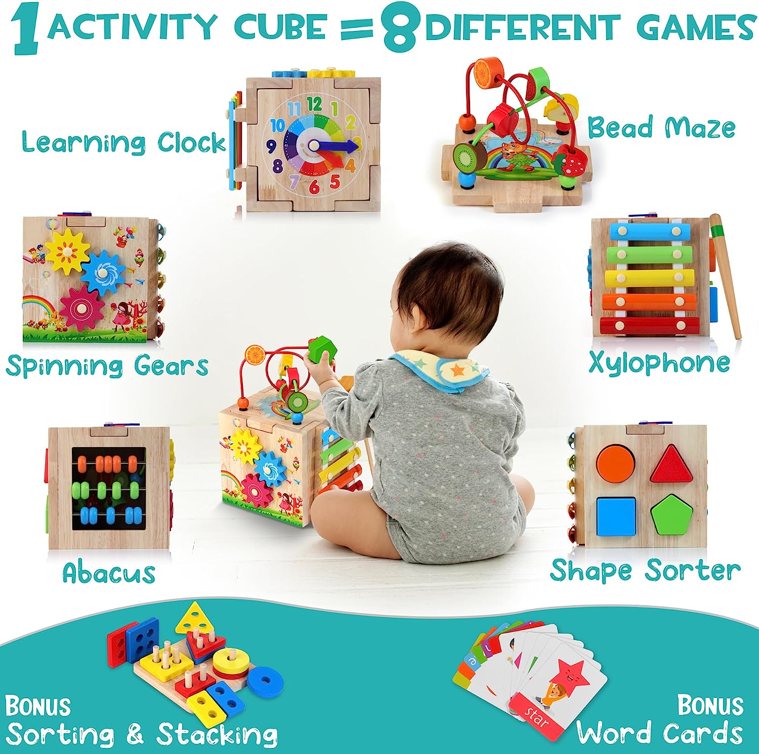 SmartCube 8-in-1 Montessori Activity Cube for Toddlers 18+, Motor Skills & Music