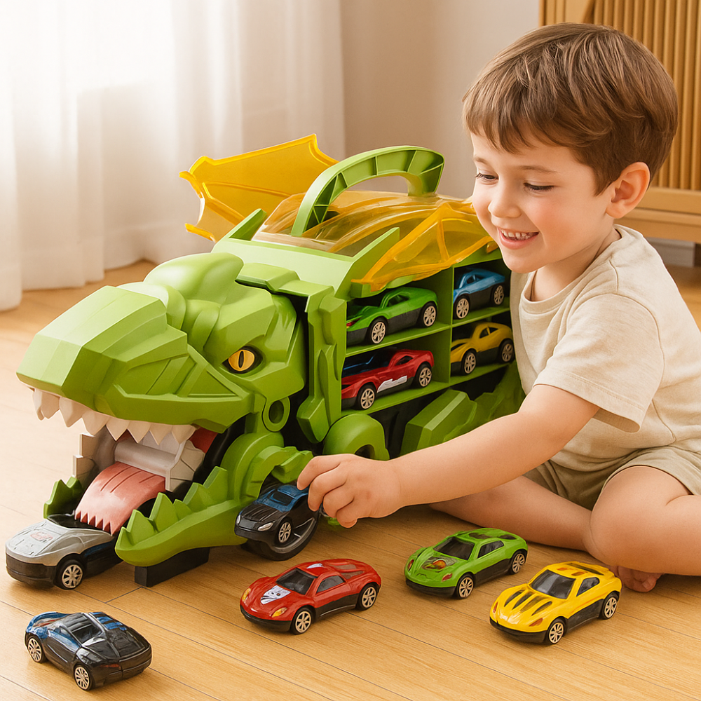 DinoHauler Kids Dinosaur Truck Car Carrier Playset with Storage & Transforming Design