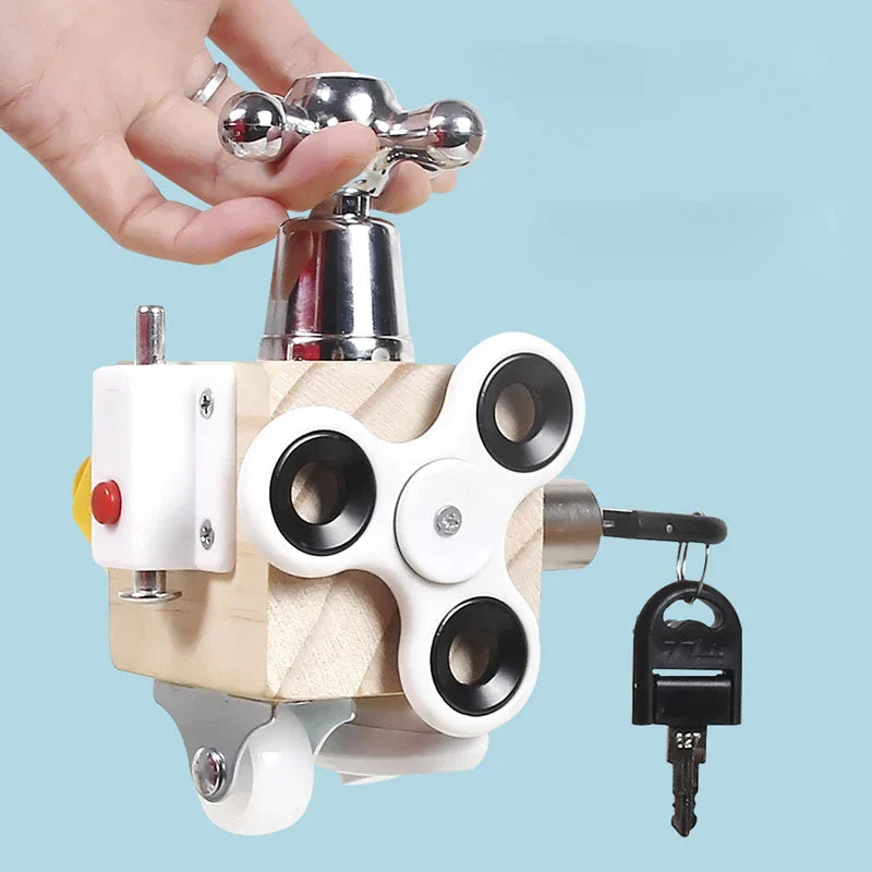 BusyBox Montessori Wooden Busy Cube with Locks and Switches for Kids