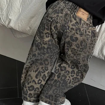 WildDot Girls Leopard Print Jeans, Black Cotton Denim Pants 1–10 Years