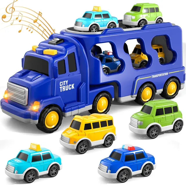 TurboStack Double-Layer Truck Playset with Mini Vehicles and Music for Kids