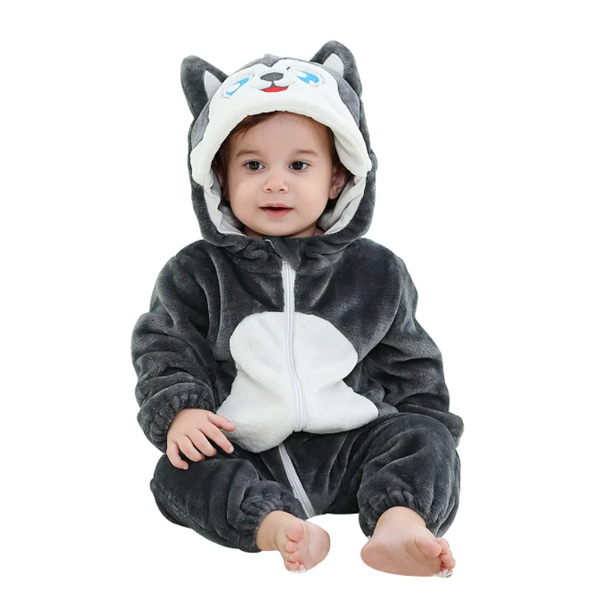 SnuggleMoo Cozy Flannel Baby Onesie with Hooded Animal Design for Warm Dress-Up Play