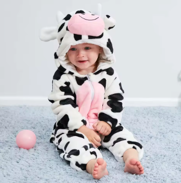 SnuggleMoo Cozy Flannel Baby Onesie with Hooded Animal Design for Warm Dress-Up Play