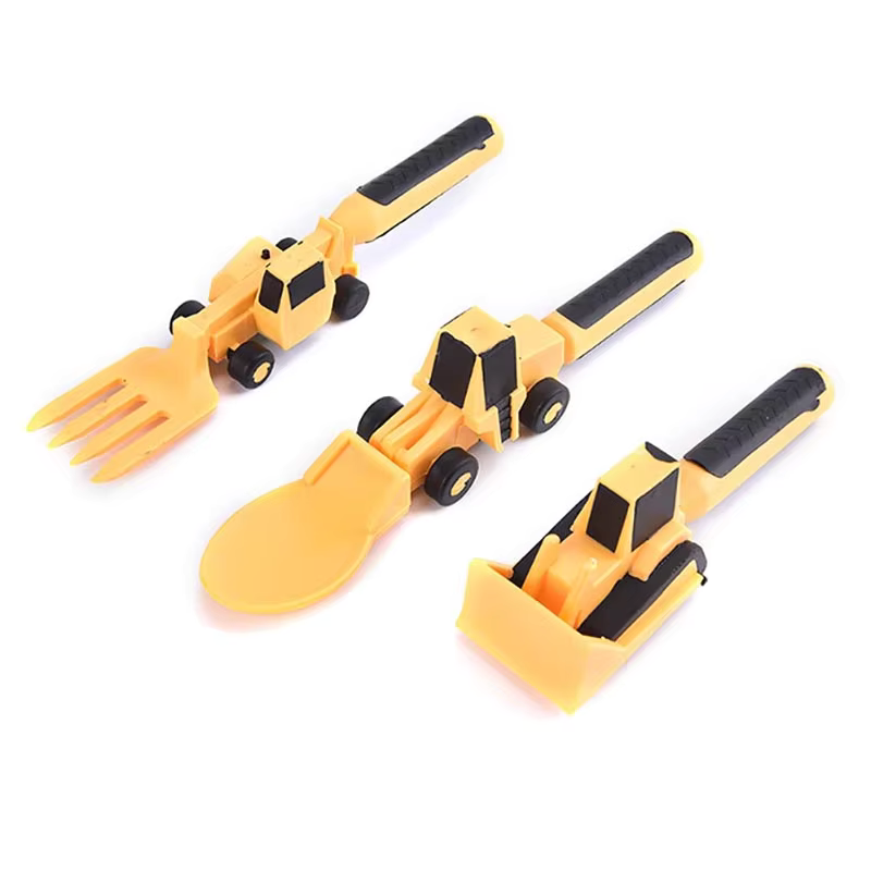 BuildBite Kids Construction Cutlery Set, Fun Fork Spoon & Pusher Mealtime Utensils