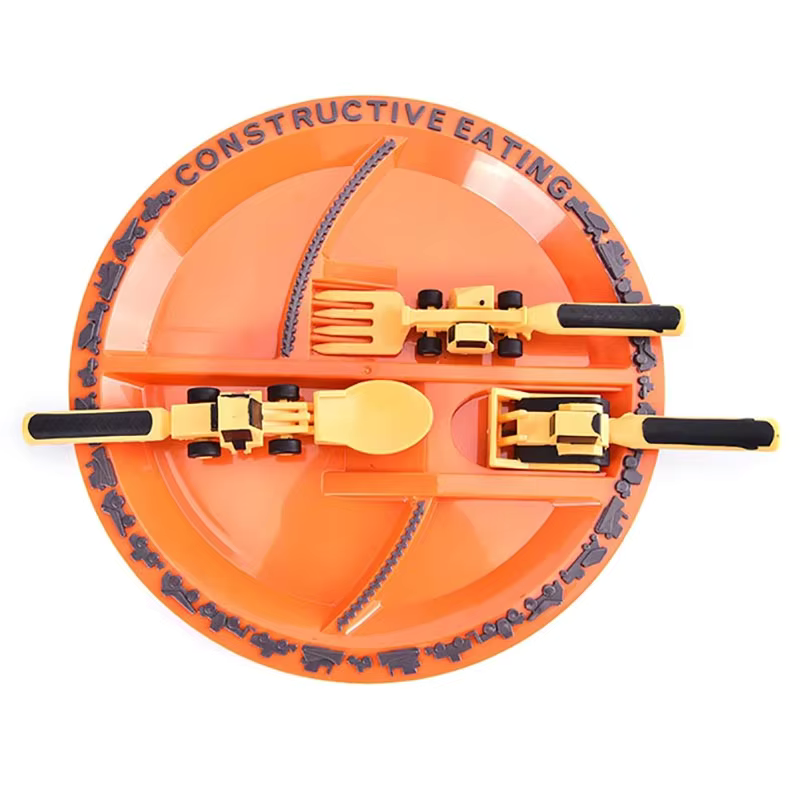 BuildBite Kids Construction Cutlery Set, Fun Fork Spoon & Pusher Mealtime Utensils