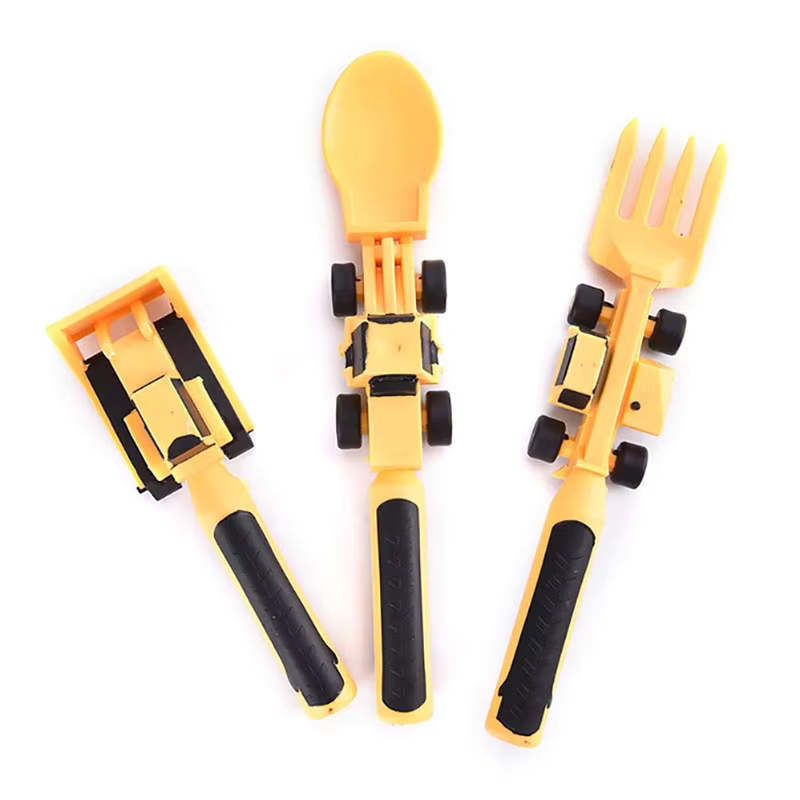 BuildBite Kids Construction Cutlery Set, Fun Fork Spoon & Pusher Mealtime Utensils