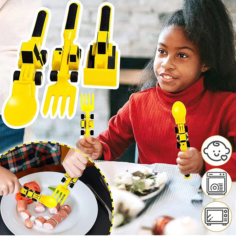 BuildBite Kids Construction Cutlery Set, Fun Fork Spoon & Pusher Mealtime Utensils