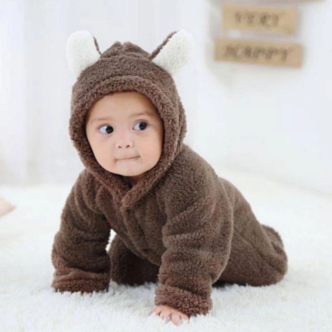 SnuggleCub Hooded Baby Onesie with Bear Ears Soft Warm Zip-Up Outfit