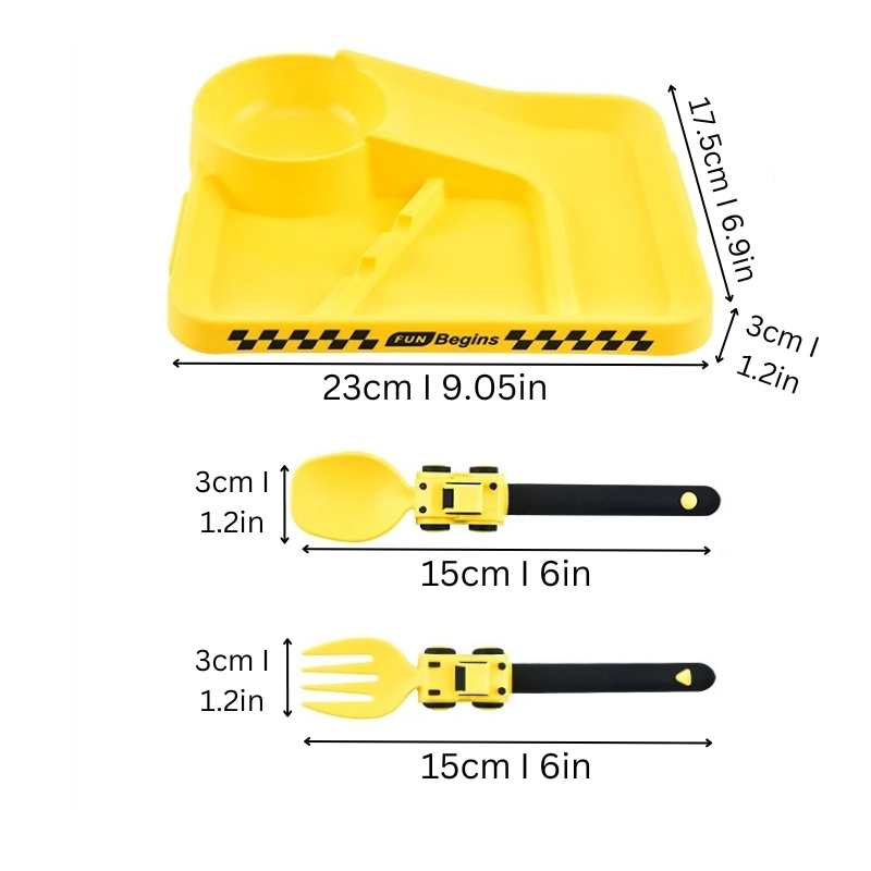 BuildaBite Kids Construction Divided Dinner Plate with Utensils Set