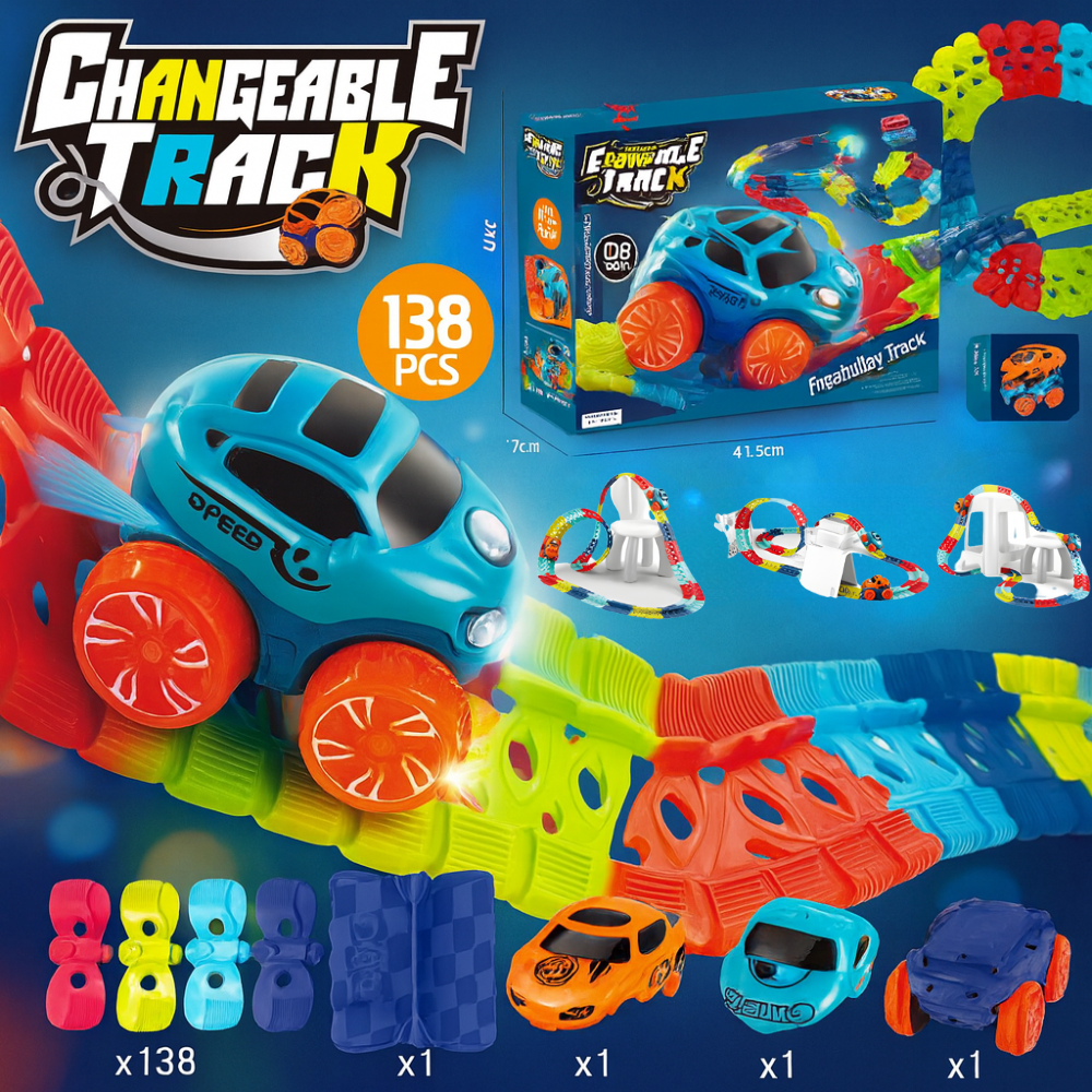 FlexiRacer Pro Kids Flexible Race Track Car Set with Loop Stunts and LED Car