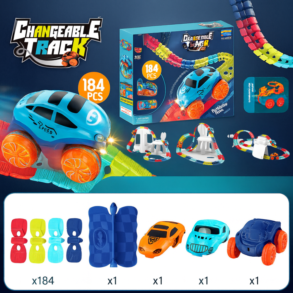 FlexiRacer Pro Kids Flexible Race Track Car Set with Loop Stunts and LED Car