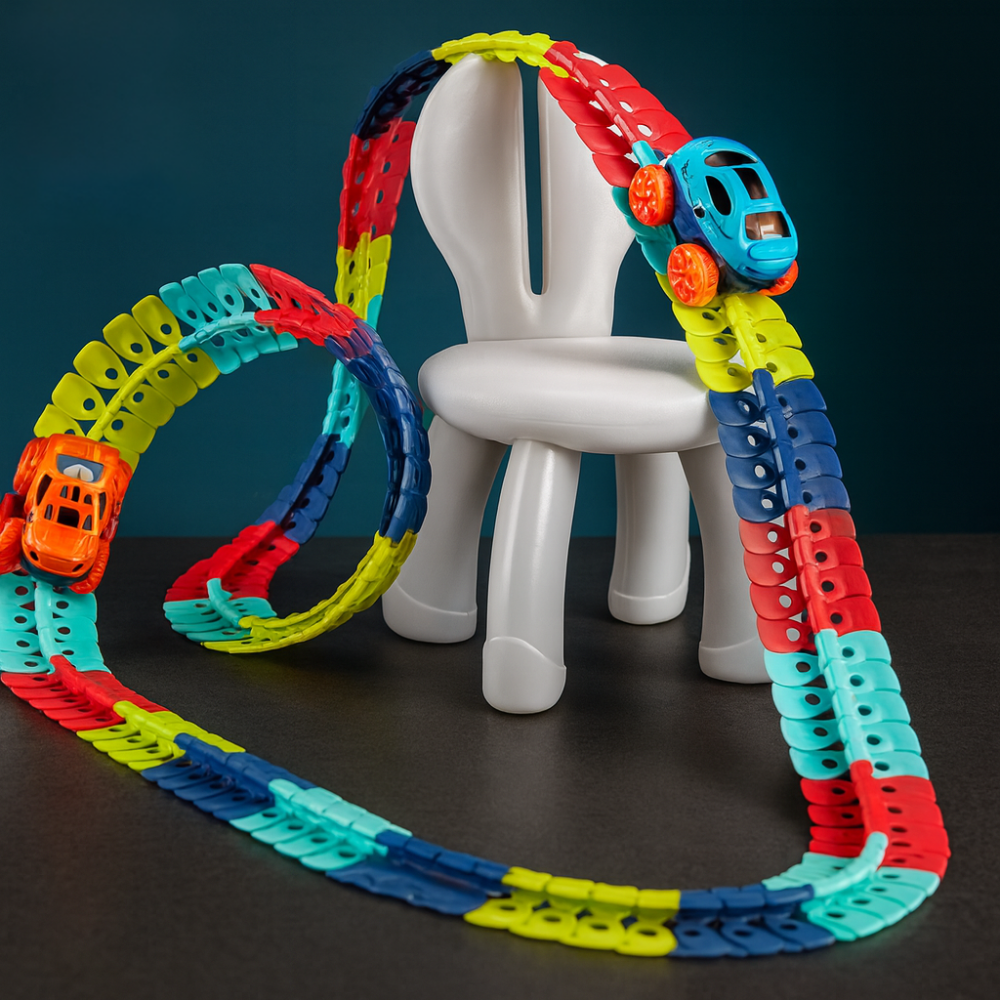 FlexiRacer Pro Kids Flexible Race Track Car Set with Loop Stunts and LED Car