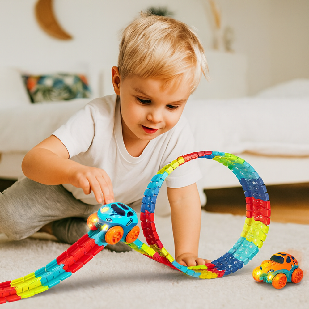 FlexiRacer Pro Kids Flexible Race Track Car Set with Loop Stunts and LED Car