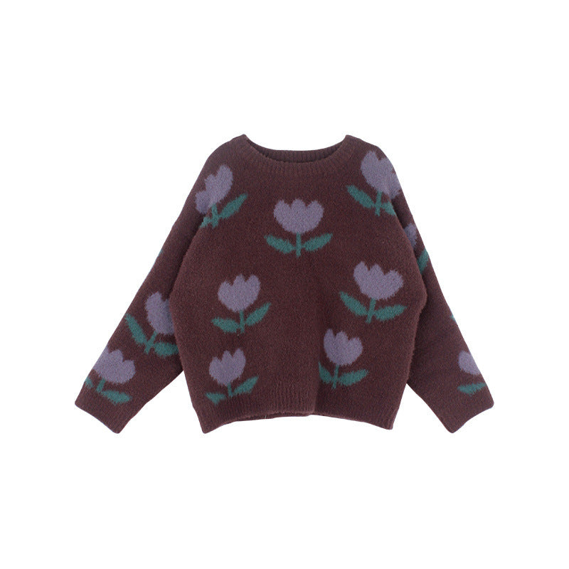 TulipSoft Girls Printed Sweater, Brown Cotton Pullover for Kids 0–8 Years