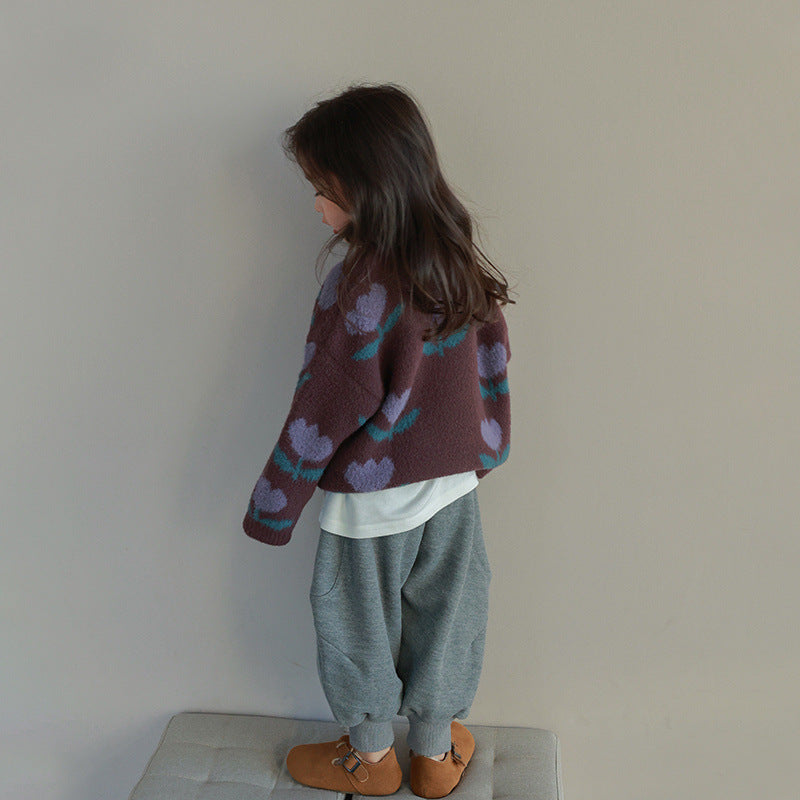 TulipSoft Girls Printed Sweater, Brown Cotton Pullover for Kids 0–8 Years