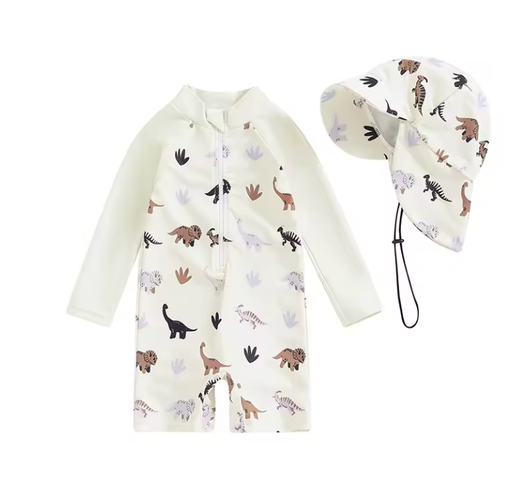 SunnySprout DinoGuard Baby UV Swimsuit Set with Hat, UPF50+ Long Sleeve, 0–3 Years