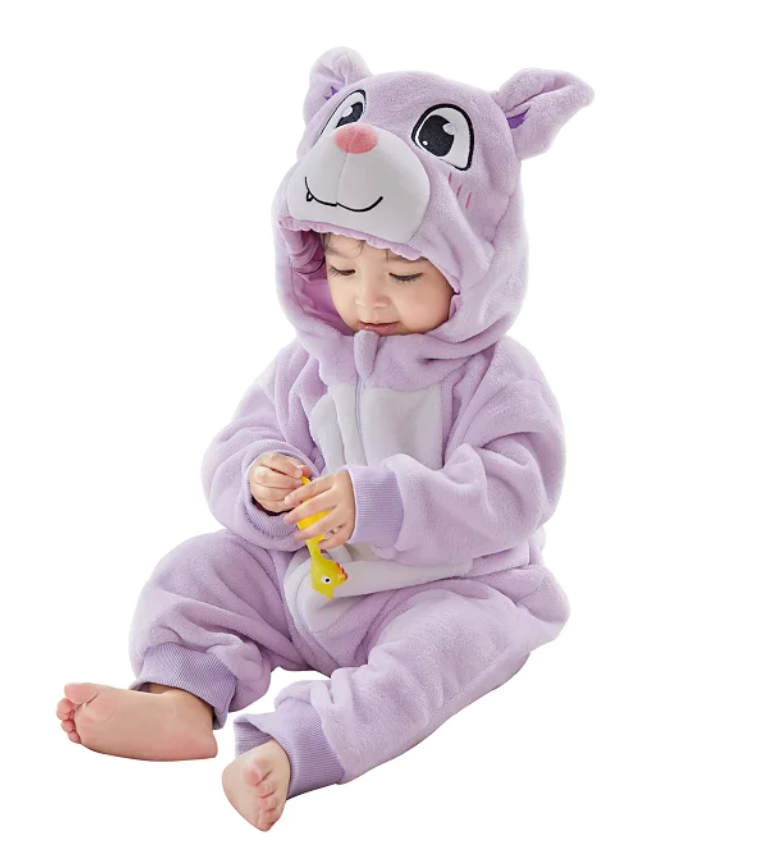 SnuggleMoo Cozy Flannel Baby Onesie with Hooded Animal Design for Warm Dress-Up Play
