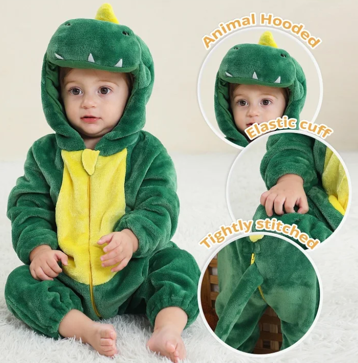 SnuggleMoo Cozy Flannel Baby Onesie with Hooded Animal Design for Warm Dress-Up Play