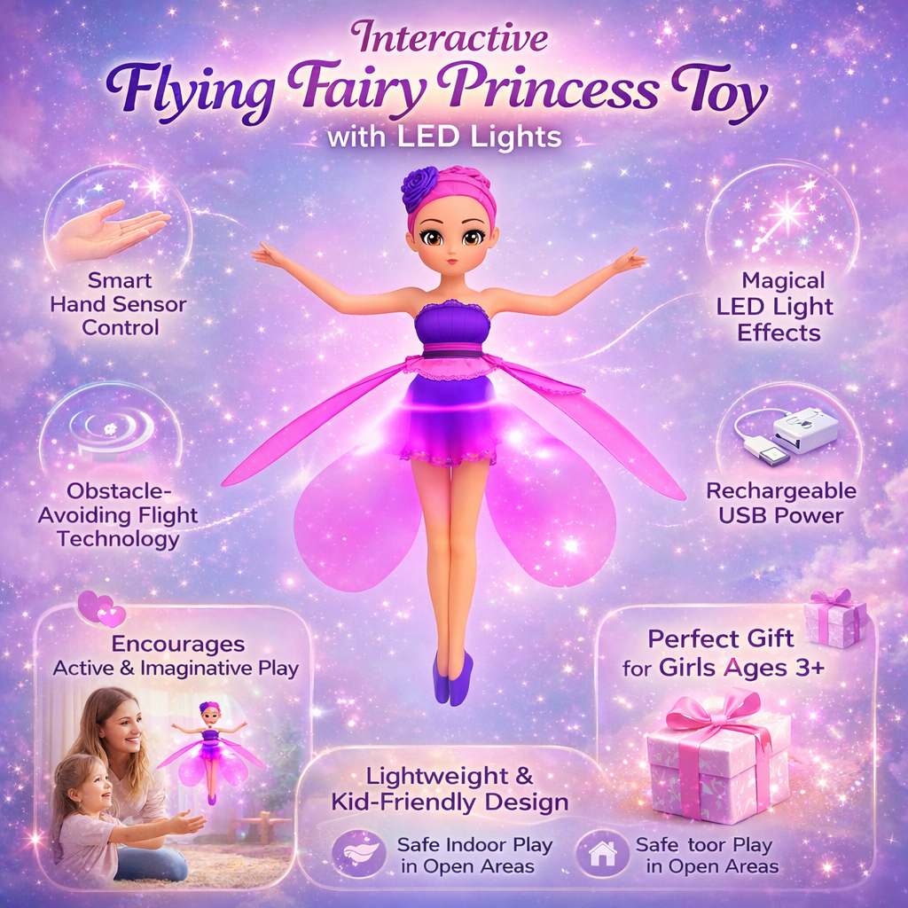 FairyGlide Flying Princess Toy, Rechargeable LED Hand-Sensor Hover Fairy for Kids