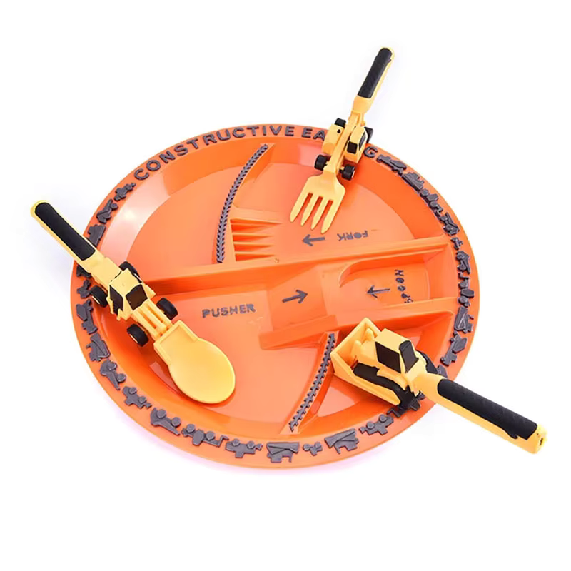 BuildBite Kids Construction Cutlery Set, Fun Fork Spoon & Pusher Mealtime Utensils