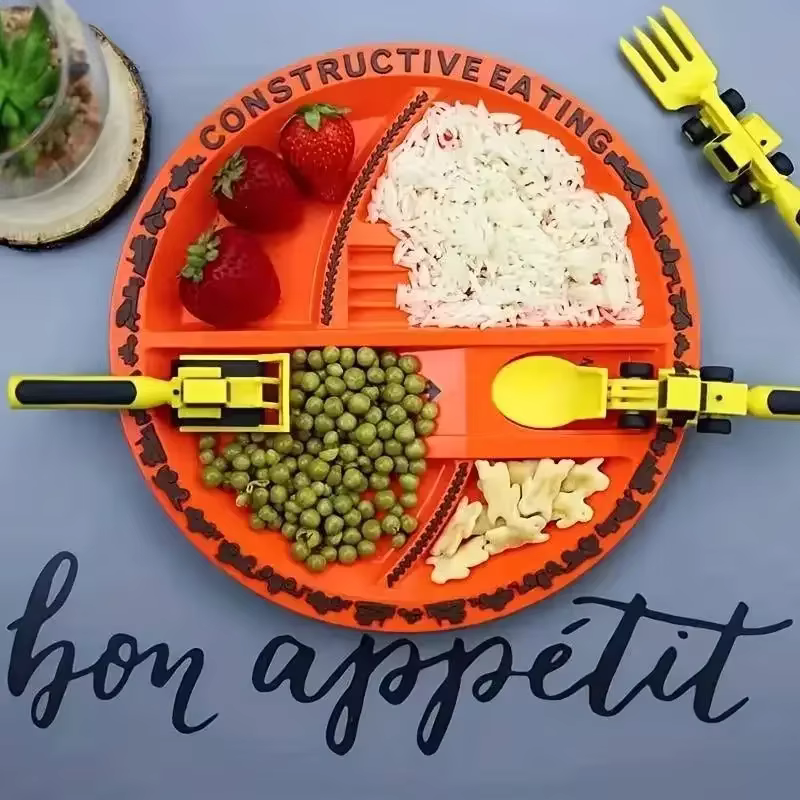 BuildBite Kids Construction Cutlery Set, Fun Fork Spoon & Pusher Mealtime Utensils